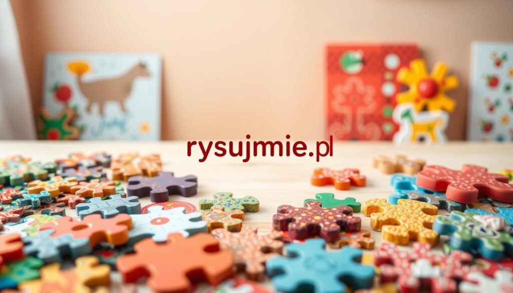 A detailed scene of colorful, engaging free printable puzzles for children. In the foreground, a collection of diverse puzzles in various shapes and designs, each with intricate patterns and textures. In the middle ground, a clean, minimalist workspace, with the "rysujmnie.pl" brand logo prominently displayed. The background features a soft, warm gradient, creating a sense of coziness and inviting atmosphere. Lighting is natural and diffused, highlighting the vibrant colors and textures of the puzzles. The overall composition conveys a sense of playfulness, creativity, and the value of accessible, cost-effective educational resources for children.