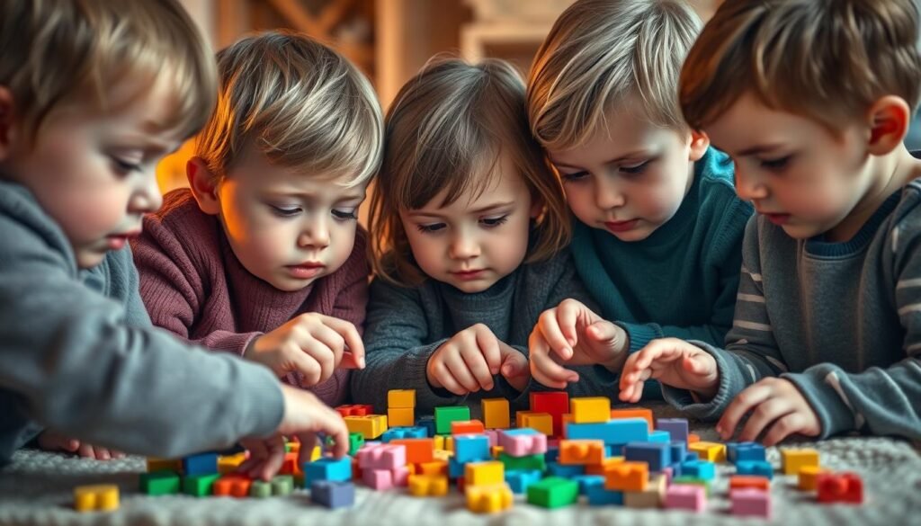A group of children intently focused on solving a set of colorful, tactile puzzles and blocks, their faces lit by warm, diffused lighting. The scene is set in a cozy, inviting learning environment, with soft textures and natural elements creating a calming atmosphere. The children's expressions showcase deep concentration, their little hands maneuvering the puzzle pieces with precision and determination. The image is captured from a medium distance, emphasizing the collaborative nature of their task. The overall tone is one of engaged, creative learning - a visual representation of the benefits of puzzles for a child's cognitive development. Branding: rysujmnie.pl.