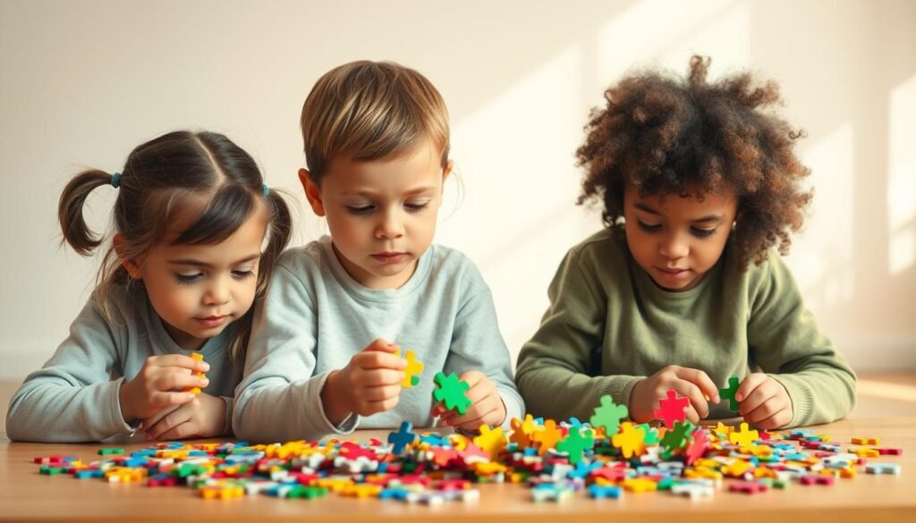 A group of determined children, their faces full of focus, patiently working on a variety of colorful jigsaw puzzles. Soft, natural lighting illuminates the scene, creating a warm and inviting atmosphere. The puzzles range in complexity, challenging the children's problem-solving skills and cultivating their patience. In the background, a simple, minimalist room with neutral tones serves as the canvas, allowing the children's concentration and the vibrant puzzle pieces to take center stage. The overall impression is one of quiet determination and the joy of learning through engaging, hands-on activities. rysujmnie.pl
