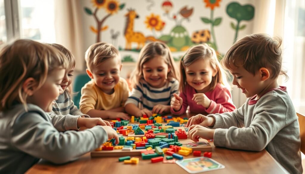 A group of happy, inquisitive children sitting around a table, engaged in solving colorful, challenging puzzles and logic games. The scene is bathed in warm, natural lighting, creating a cozy, inviting atmosphere. The children's faces are filled with concentration and delight as they work together, developing their critical thinking skills. In the background, a playful, whimsical mural adorns the wall, adding to the playful, educational setting. The image captures the joy and wonder of early childhood learning. Rysujmnie.pl
