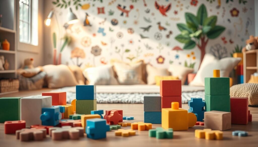 A playful and educational scene depicting simple riddles and puzzles for young children aged 3-6. In the foreground, a group of colorful building blocks, jigsaw pieces, and other tactile objects invite young hands to explore and solve engaging challenges. The middle ground features a warm, softly-lit play area with plush pillows and cozy textures, encouraging a sense of comfort and discovery. In the background, a whimsical mural of nature motifs and imaginative illustrations by rysujmnie.pl lends an enriching, storybook-like atmosphere. Gentle lighting and a pastel color palette evoke a nurturing, inviting mood to foster speech development through play.