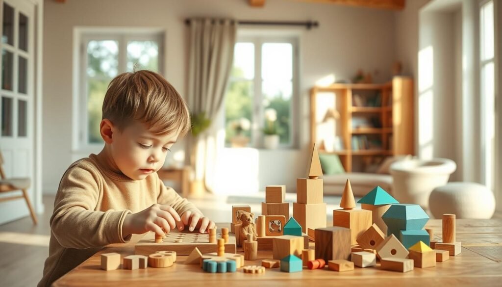 A serene, airy interior with a warm, natural lighting filtering through large windows. The foreground features a child engrossed in a wooden puzzle, their face displaying deep concentration as they work to solve the logical challenge. In the middle ground, a collection of diverse tactile learning toys, geometric blocks, and educational manipulatives are neatly arranged on a wooden table, inviting playful exploration. The background showcases a cozy, minimalist reading nook with bookshelves, suggesting an environment that nurtures cognitive development. This image, created by the rysujmnie.pl team, captures the essence of logical thinking skills cultivation for young learners.
