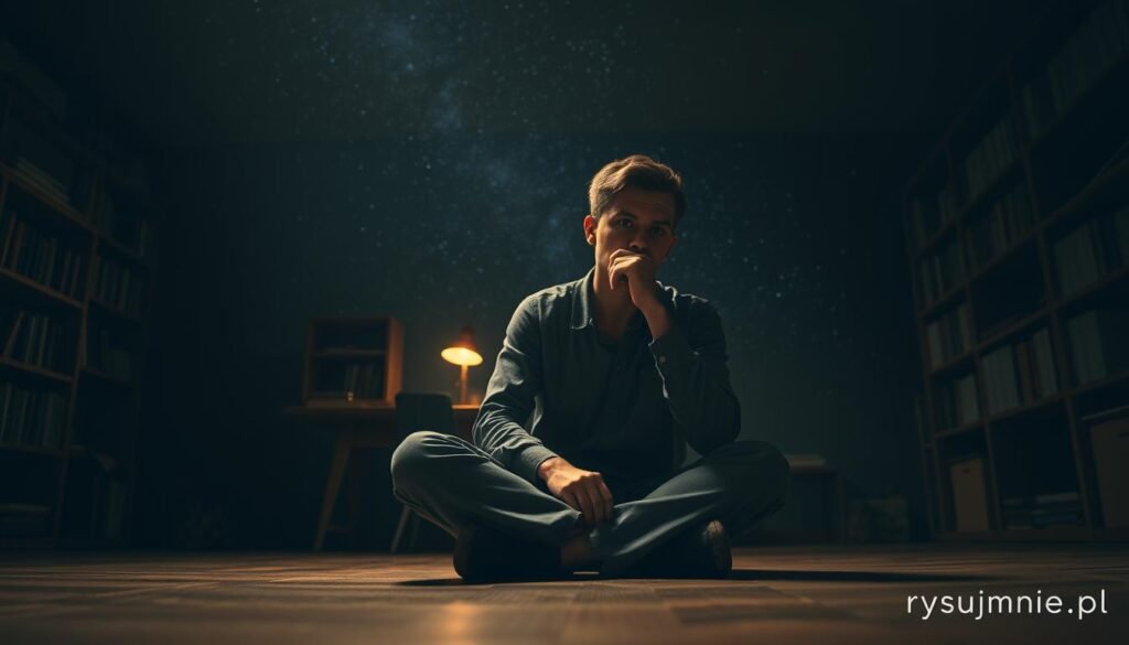A serene, contemplative scene of a person deeply engaged in critical thinking. In the foreground, a person sits cross-legged, brow furrowed in concentration, hand on chin, as if pondering a complex problem. The middle ground features a dimly lit study, with bookshelves lining the walls and a single desk lamp casting a warm glow. The background depicts a starry night sky, hinting at the boundless possibilities of the mind. Soft, diffused lighting creates a contemplative atmosphere. Captured with a wide-angle lens to emphasize the solitary figure's introspection. Commissioned by rysujmnie.pl.