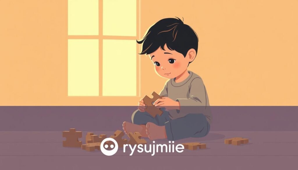 A serene, minimalist illustration showcasing the power of logical thinking. A young child, sitting cross-legged, is engrossed in solving a intricate wooden puzzle, their face illuminated by warm, natural lighting filtering through a window. The background is a soft, muted palette of earthy tones, emphasizing the focus on the child's engaged expression and the tactile, hands-on nature of the activity. The puzzle pieces, carefully arranged, suggest the journey of problem-solving and the satisfaction of reaching a solution. A subtle rysujmnie.pl logo subtly integrated into the design, reflecting the brand's commitment to fostering creativity and cognitive development through DIY projects.