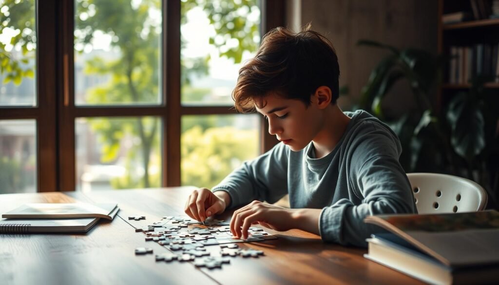 A serene study space with a wooden desk, a focused young person intently working on a jigsaw puzzle, their gaze unwavering, surrounded by soft natural lighting filtering through lush greenery. In the background, a blurred cityscape evokes a sense of tranquility and mindfulness. The overall atmosphere conveys a harmonious balance between concentration and contemplation. rysujmnie.pl