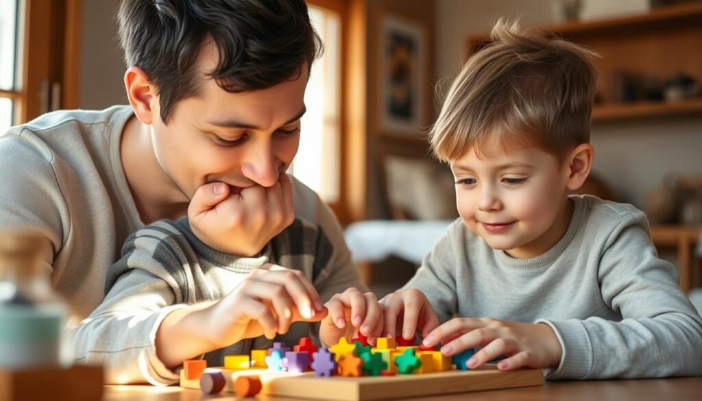 A tranquil, sun-dappled scene of a parent and child engaged in a hands-on puzzle-solving activity, their expressions focused yet content. The child's eyes are alight with curiosity and determination as they manipulate the colorful, tactile pieces, while the parent observes with a gentle, encouraging gaze. The background is a cozy, inviting domestic setting, with natural wood tones and soft, earthy hues that create a sense of warmth and comfort. Subtle lighting from a nearby window casts a gentle, diffused glow, highlighting the collaborative, nurturing dynamic between the figures. Signature: rysujmnie.pl