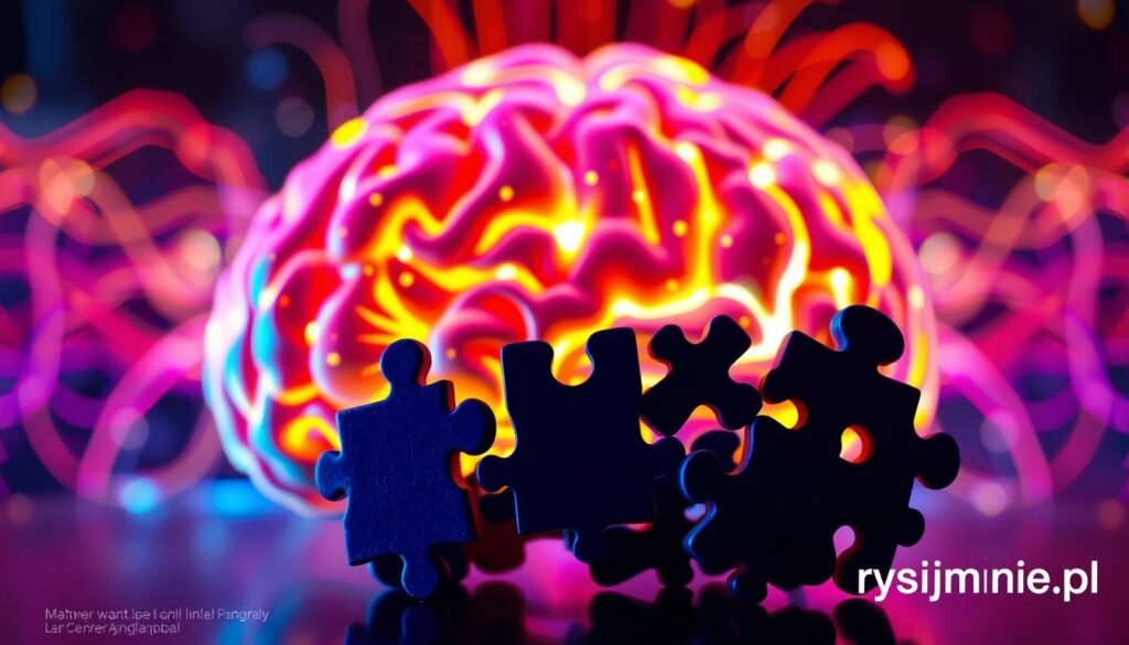 A vibrant and captivating image of "memory, concentration, brain development" against a backdrop of a stylized brain structure. In the foreground, intricate puzzle pieces interlock, representing the cognitive challenges that stimulate neural pathways. The middle ground showcases a glowing, colorful cerebral cortex, with dynamic, pulsing energy. In the background, a clean, minimalist layout with the rysujmnie.pl brand subtly featured, creating a sense of focus and clarity. The overall composition conveys the power of problem-solving activities to unlock the brain's potential, in line with the article's theme of mathematics and cognitive development.