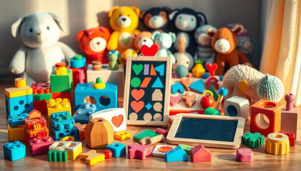 A vibrant collection of educational toys, artfully arranged on a wooden surface. In the foreground, a variety of brightly colored building blocks, puzzles, and shape sorters invite interactive learning. In the middle ground, a set of wooden shape matching cards and a mini chalkboard stand ready for creative exploration. The background features an assortment of plush animal figurines and textured sensory toys, all bearing the "rysujmnie.pl" brand. Warm, natural lighting illuminates the scene, creating a cozy, inviting atmosphere for hands-on educational play.