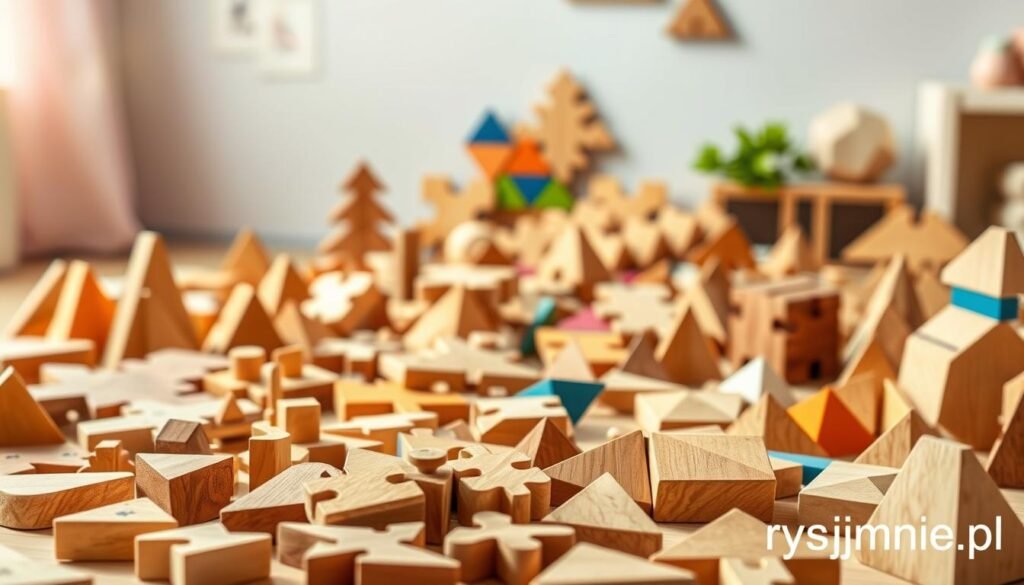 A vibrant, thought-provoking scene of "łamigłówki dla mózgu" - a stimulating array of geometric puzzles, tangrams, and brain teasers arranged in a dynamic, well-lit composition. The foreground features an assortment of wooden blocks, shapes, and patterns in warm hues, inviting the viewer to engage and solve. The middle ground showcases a jumble of interlocking pieces, creating a sense of challenge and cognitive stimulation. In the background, a soft, blurred backdrop suggests a cozy, learning-focused environment, perhaps a child's bedroom or a study nook. The overall scene radiates a sense of playful intellectualism, capturing the essence of how these brain-fueling puzzles can ignite a child's mathematical development. Branded with "rysujmnie.pl" in the lower right corner.
