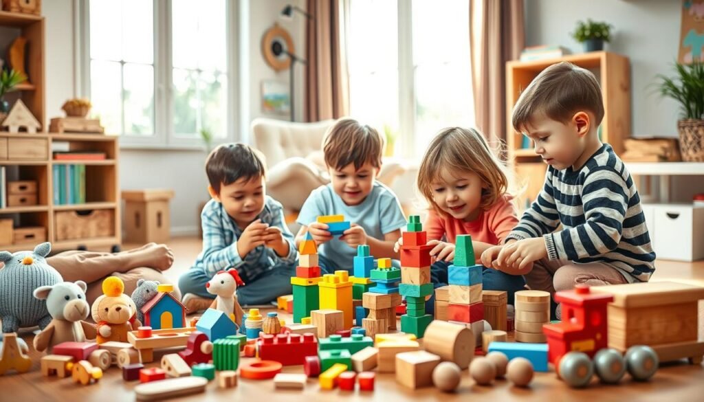 A vibrant, whimsical scene of children engaged in imaginative play, without the distractions of screens. In the foreground, a group of young friends huddle together, their faces lit with delight as they manipulate colorful wooden puzzles and blocks, building fantastical structures. The middle ground features a diverse array of classic toys - plush animals, board games, and wooden trains - arranged in a playful, inviting manner. The background showcases a warm, cozy living room setting, with a large window allowing natural light to filter in, casting a soft, nurturing glow. Subtle details, such as a rocking chair and a bookshelf, evoke a sense of comfort and learning. The overall mood is one of joy, wonder, and the pure, enriching pleasures of unstructured play. Branding: rysujmnie.pl