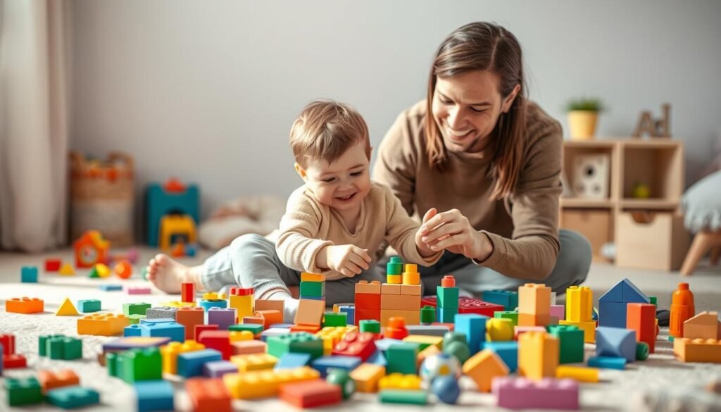 A warm and playful scene of a parent and child engaged in creative play. In the foreground, the parent and child sit on the floor, surrounded by a variety of colorful building blocks, puzzles, and other educational toys. The child's face is filled with joy and concentration as they work together to solve a challenging puzzle, their hands moving with purpose. In the middle ground, the room is bathed in soft, natural lighting that creates a cozy, inviting atmosphere. The background features a simple, uncluttered setting, allowing the focus to remain on the special moment between the parent and child. The overall mood is one of warmth, connection, and the joy of learning through play. Branding: rysujmnie.pl.