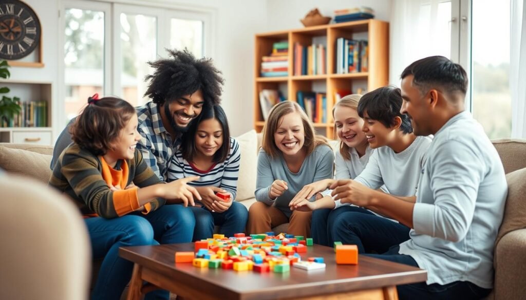 A warm, cozy living room filled with natural light, a family gathered around a coffee table engaged in a lively game of concentration, no screens in sight. Vibrant emotions of focus, anticipation, and shared laughter dance across their faces, creating a sense of connection and immersion. In the background, a bookshelf filled with colorful puzzles and board games hints at the joy of analog play. The scene is captured with a wide-angle lens, creating a sense of intimacy and inviting the viewer to join in the experience. rysujmnie.pl