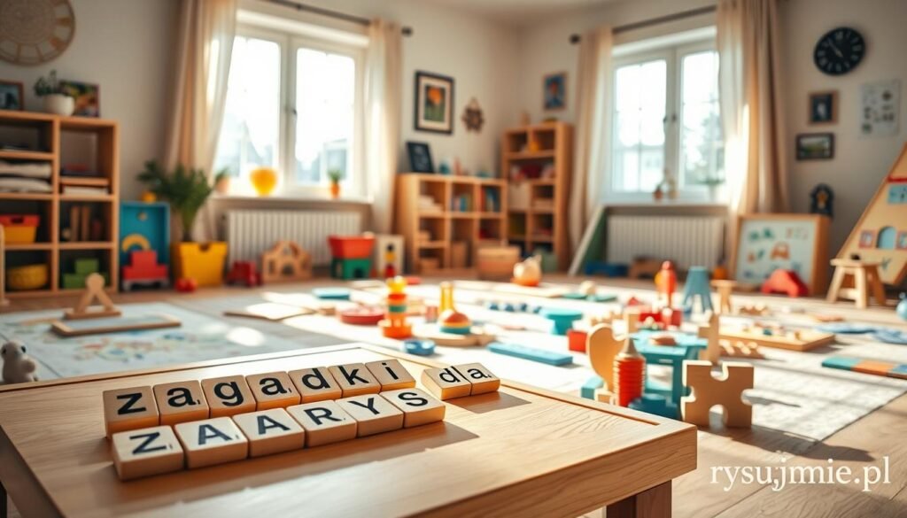A warm, inviting scene of a child's playroom filled with various educational puzzles and learning toys. The room is bathed in soft, natural light streaming in through large windows, creating a cozy and stimulating atmosphere. Prominently displayed on a low table is a set of wooden letter tiles with the words "zagadki dla" written in an elegant, child-friendly font. Nearby, a collection of colorful, age-appropriate jigsaw puzzles and building blocks invite the child to engage in playful learning. The overall mood is one of exploration, discovery, and the joy of learning, reflecting the guidance provided in the article by the logopeda. In the bottom right corner, the branding "rysujmnie.pl" is subtly incorporated.