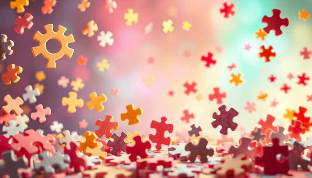 A whimsical and captivating scene of "zagadki" (riddles), a playful array of abstract shapes and patterns that challenge the mind. Set against a vibrant, colorful backdrop, the puzzle pieces seem to dance and intertwine, inviting the viewer to engage and unlock their secrets. Soft, diffused lighting creates a dreamlike atmosphere, while the composition features a balanced, harmonious layout that draws the eye towards the center of the frame. This image, crafted by the talented team at rysujmnie.pl, perfectly captures the spirit of "Łamigłówki rozwijające inteligencję dziecka: lista ćwiczeń i zabaw na dziś", stimulating the child's cognitive development through the power of playful exploration.