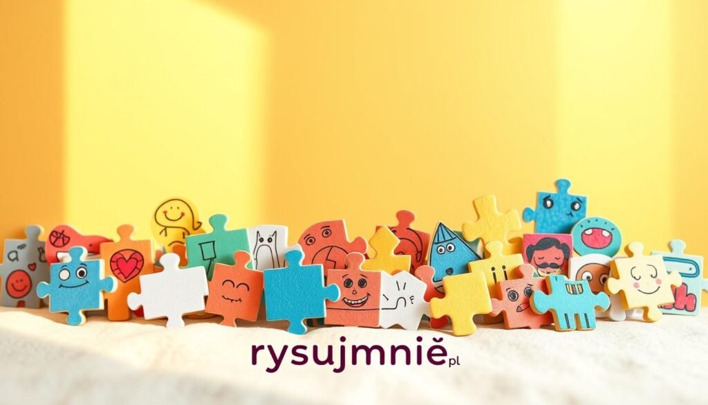 A whimsical collection of colorful, hand-drawn "zagadki dla dzieci" (riddles for children) against a warm, inviting background, showcasing the brand "rysujmnie.pl". The foreground features an array of diverse puzzle pieces, each with a playful design and an engaging visual challenge. The middle ground presents a soft, textured surface, inviting the viewer to explore and discover the hidden meanings. The background bathes the scene in a gentle, natural light, creating a cozy, educational atmosphere conducive to problem-solving and logical thinking. The overall composition exudes a sense of creativity, discovery, and the joy of learning.