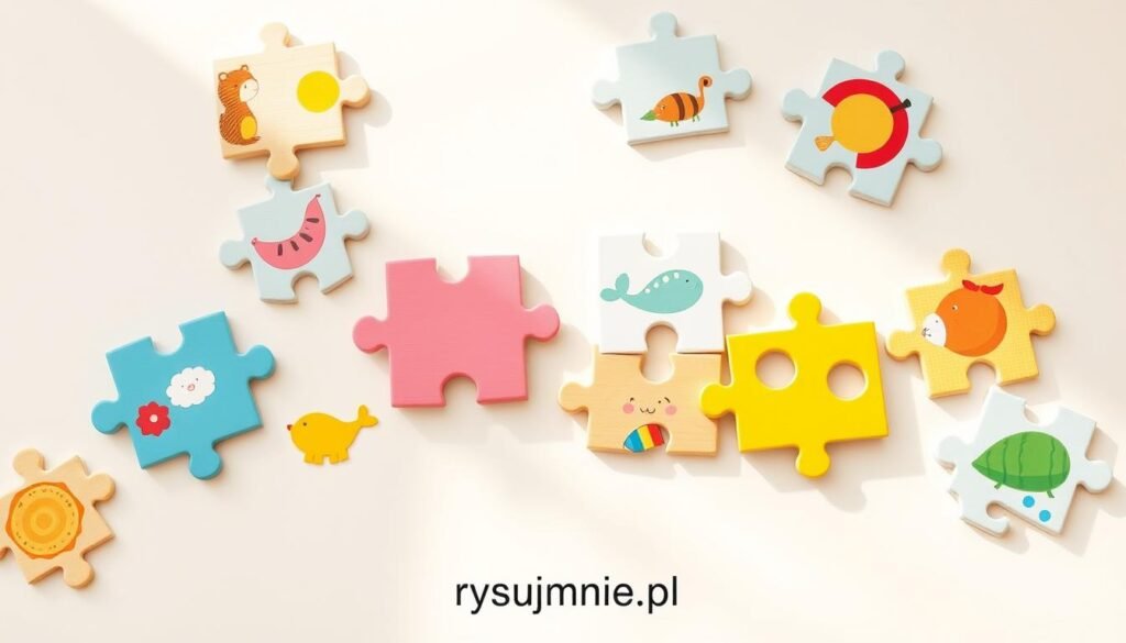 A whimsical collection of simple, colorful jigsaw puzzles arranged on a clean, bright background. The puzzles feature cheerful illustrations of animals, shapes, and everyday objects - perfect for capturing the imagination of young children aged 6-7. Soft, natural lighting bathes the scene, creating a warm, inviting atmosphere. The puzzles are arranged in an engaging, slightly scattered layout, suggesting an active, playful learning environment. The branding "rysujmnie.pl" is subtly incorporated into the design. This image will perfectly complement the article's focus on how easy puzzles can aid in children's speech development.