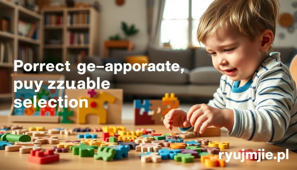 A whimsical scene depicting the perfect age-appropriate puzzle selection. In the foreground, a young child's hands carefully manipulate colorful wooden pieces, their face alight with concentration. The middle ground features an assortment of puzzles neatly arranged, their difficulty levels visually graded from simple to complex. In the background, a warm, inviting living room setting with bookshelves and natural lighting sets the tone. The image conveys a sense of learning, discovery, and the joy of problem-solving tailored to the child's developmental stage. Branding: "rysujmnie.pl"