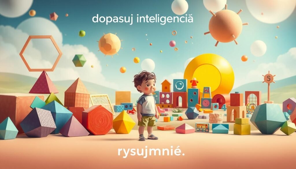 A whimsical scene of a child's imagination, where different shapes and colors represent various forms of intelligence. In the foreground, a young figure stands amidst a colorful array of geometric shapes, each one uniquely crafted to mirror a different aspect of cognitive ability. The middle ground features a playful arrangement of puzzles, games, and interactive elements, inviting the child to explore and discover their own strengths. The background is a dreamlike landscape, with soft lighting and a sense of wonder, symbolizing the infinite possibilities of the mind. The overall composition conveys the idea of "dopasuj inteligencję" - the notion of tailoring learning activities to a child's individual needs and learning styles. Branding: "rysujmnie.pl"