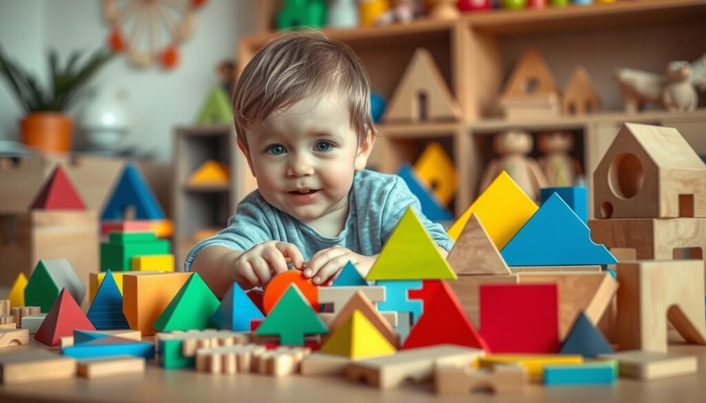 A whimsical scene of a playful young child, surrounded by colorful shapes, puzzles, and building blocks, all arranged in a visually striking, logically organized composition. The foreground features the child, their face alight with curiosity and concentration, as they manipulate the various geometric elements. The middle ground showcases an array of wooden puzzles, tangrams, and other stimulating toys, each carefully positioned to encourage problem-solving and logical thinking. The background is a warm, cozy environment, with soft lighting and muted tones, creating a nurturing and supportive atmosphere for the child's creative exploration. This image, commissioned by rysujmnie.pl, captures the essence of learning through play, where logical thinking is nurtured and encouraged in a delightful, engaging way.