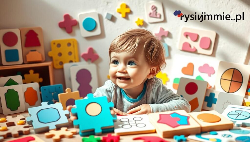 A whimsical scene of a young child, surrounded by a variety of age-appropriate puzzles and brain teasers, all arranged with care to pique their curiosity. The puzzles range from simple shape matching to more complex geometric patterns, each tailored to the child's developmental stage. Soft, natural lighting bathes the scene, creating a warm and inviting atmosphere. In the background, the rysujmnie.pl logo subtly suggests the brand's expertise in designing engaging learning tools for children.