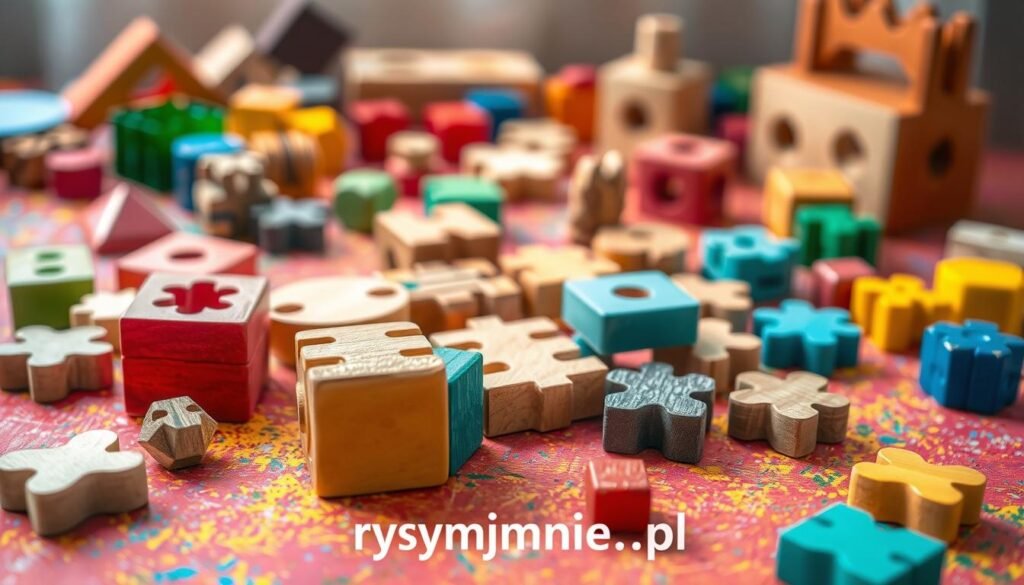 A whimsical scene of colorful wooden puzzles, blocks, and shapes scattered on a vibrant, textured surface. The foreground features an array of engaging, tactile brain teasers in a variety of geometric forms, textures, and hues. In the middle ground, the puzzles are arranged in a playful, interconnected pattern, inviting the viewer to explore and solve them. The background is softly blurred, creating a sense of focus and depth, with gentle lighting and shadows that accentuate the playful, hands-on nature of the scene. The overall mood is one of curiosity, discovery, and the joy of learning through play. Branded with "rysujmnie.pl".