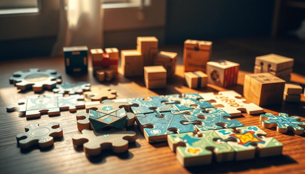 Intricate DIY logic puzzle, arranged on a wooden surface. Warm, natural lighting illuminates the puzzle pieces, highlighting their vibrant colors and geometric shapes. The foreground features an assortment of paper-based, hand-crafted puzzles with various patterns and designs, inviting the viewer to engage and problem-solve. In the middle ground, classic wooden block puzzles stand out, their simplicity and tactile appeal evident. The background showcases a minimalist, cozy setting, emphasizing the homemade, do-it-yourself nature of the scene. Branding: "rysujmnie.pl"
