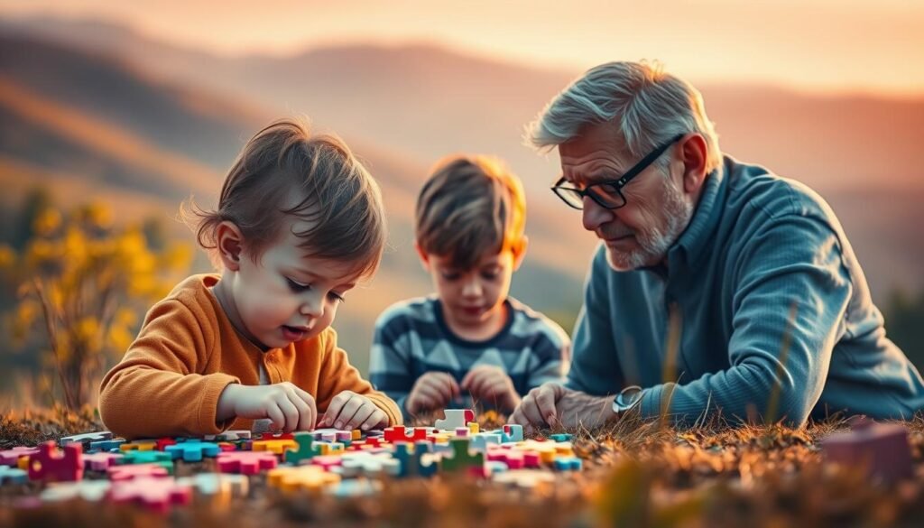 Poziom trudności wieku: a serene landscape depicting the varying difficulty levels of puzzles across different age groups. In the foreground, a young child effortlessly solves a simple puzzle, surrounded by vibrant colors and playful shapes. The middle ground showcases a teenager tackling a more complex puzzle, their brow furrowed in concentration. In the background, an older adult faces a challenging puzzle, their expression one of deep thought and determination. The scene is bathed in warm, natural lighting, creating a sense of harmony and balance. rysujmnie.pl