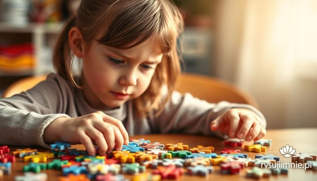 A bright and engaging image of "umiejętności logicznego" to illustrate the article section on how puzzles teach children self-discipline. A young girl sits at a wooden table, surrounded by a variety of colorful jigsaw puzzles. Her face is focused, brow furrowed in concentration as she carefully pieces together the puzzle in front of her. The lighting is soft and natural, casting a warm glow on the scene. The background is blurred, allowing the puzzles and the child's expression to take center stage. The overall mood is one of thoughtfulness and quiet determination. Subtly placed in the corner, the rysujmnie.pl logo adds a touch of whimsy to the image.