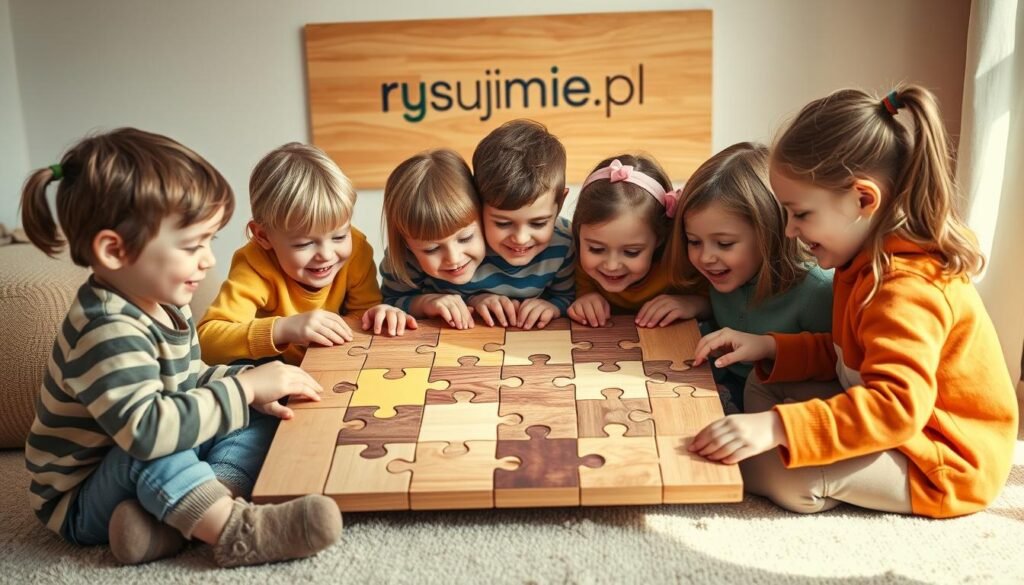 A cozy and collaborative puzzle scene set in a warm, soft-lit environment. A group of children work together on a large, colorful wooden jigsaw puzzle, their faces filled with concentration and joy. The puzzle pieces interlock, forming an intricate design that represents the theme of empathy and perspective-taking. The background features a rysujmnie.pl logo, subtly hinting at the puzzle's educational purpose. Soft natural lighting casts a gentle glow, creating a sense of calm and engagement. The overall composition suggests the importance of cooperative problem-solving and the development of empathy through shared experiences.
