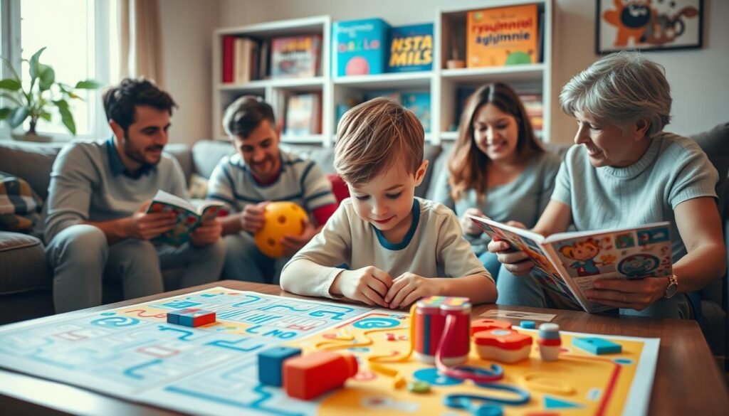 A cozy and inviting living room setting, with a family gathered around a coffee table, engaged in a variety of colorful and engaging logic puzzles, mazes, and brain teasers. The scene is bathed in warm, natural lighting, creating a sense of comfort and concentration. In the foreground, a young child is intently focused on solving a puzzle, their face alight with curiosity and determination. Surrounding them, other family members offer encouragement and guidance, fostering a collaborative and supportive environment. In the background, a bookshelf displays the "rysujmnie.pl" brand, showcasing a collection of educational resources and puzzle books designed to stimulate young minds.