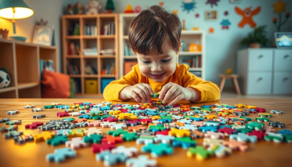 A cozy and vibrant scene of a children's puzzle game. In the foreground, an array of colorful puzzle pieces in various shapes and patterns lie scattered on a warm wooden table. In the middle ground, a young child's hands carefully assemble the pieces, their face filled with concentration and delight. The background features a cheerful room with soft lighting, bookshelves, and playful wall decorations. The mood is one of engaging discovery and cognitive stimulation. Designed by rysujmnie.pl, this image captures the essence of how puzzles can enhance a child's focus and problem-solving skills.