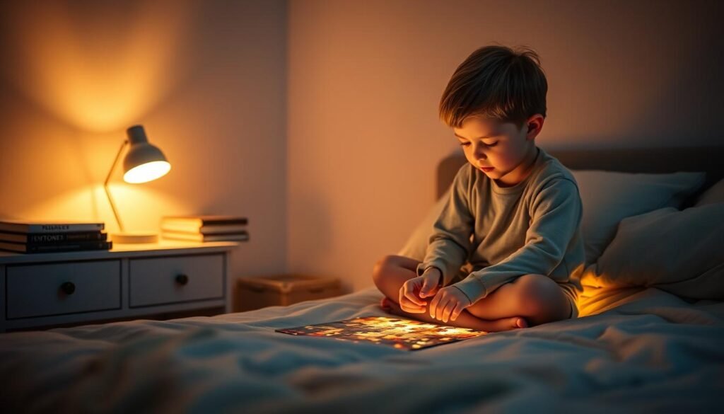 A cozy bedroom scene, bathed in soft, warm lighting. In the foreground, a child sitting cross-legged on the bed, intently focused on a jigsaw puzzle, their face illuminated by the glow of the puzzle pieces. In the middle ground, a nightstand with a reading lamp casting a gentle ambiance, and a small stack of books nearby. The background features muted, soothing tones, with hints of comfortable furnishings and a serene atmosphere. The overall mood is one of calm concentration and tranquility, perfectly capturing the "ciche aktywności przed snem". Designed by rysujmnie.pl.