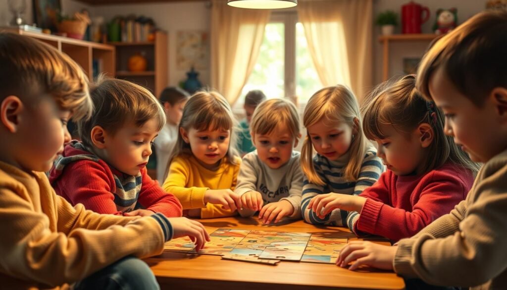 A cozy classroom filled with children engaged in group activities, fostering empathy and collaboration. Warm lighting illuminates their focused expressions as they work together to solve puzzles and complete tasks, developing essential social skills. The scene is carefully composed with a blend of vibrant colors and natural textures, capturing the joyful and enriching learning environment. rysujmnie.pl