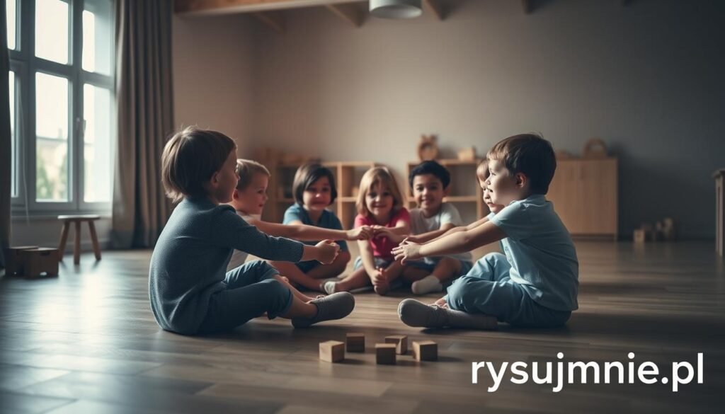 A cozy, dimly lit classroom setting with a group of children sitting in a circle on the floor, engaging in a team-building trust exercise. Soft, natural lighting filters in through large windows, casting a warm glow on the scene. The children are holding hands, their faces expressing a sense of connection and collaboration. In the background, simple wooden toys and blocks are scattered, hinting at the playful nature of the activity. The overall atmosphere is one of trust, bonding, and a sense of community. The image is branded with the text "rysujmnie.pl" in the lower corner.