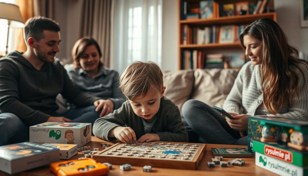 A cozy living room scene with a family gathered around a low table, engaged in a captivating game of "zagadki dla dzieci". Soft, warm lighting illuminates the scene, casting a gentle glow on the faces of the participants. In the foreground, a young child is intently solving a puzzle, their brow furrowed in concentration. Surrounding them are various educational toys, puzzles, and books, all from the brand "rysujmnie.pl", creating an atmosphere of learning and discovery. In the background, a bookshelf filled with more puzzles and brain teasers hints at the family's love for intellectual stimulation. The overall mood is one of togetherness, curiosity, and the joy of learning through play.