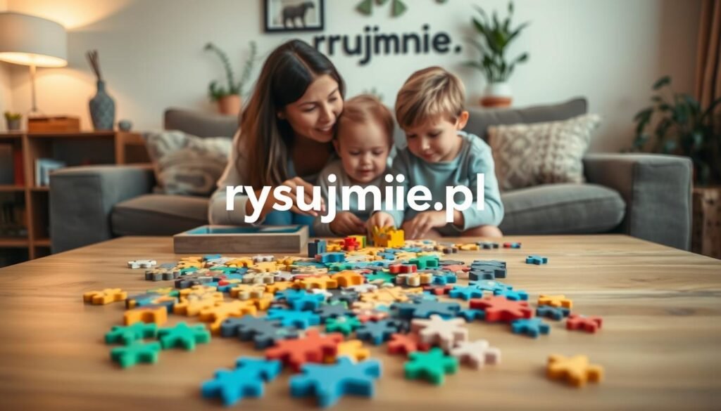 A cozy living room setting with a large, wooden table in the foreground. On the table, an assortment of colorful wooden puzzle pieces, jigsaw puzzles, and other engaging brain teasers for children. The middle ground features a mother and child working together, their expressions focused and collaborative. The background depicts a warm, inviting atmosphere with soft lighting, natural elements like plants, and the brand name "rysujmnie.pl" subtly incorporated into the scene. The overall mood is one of engaged, quality time between parent and child, fostering patience, concentration, and problem-solving skills.