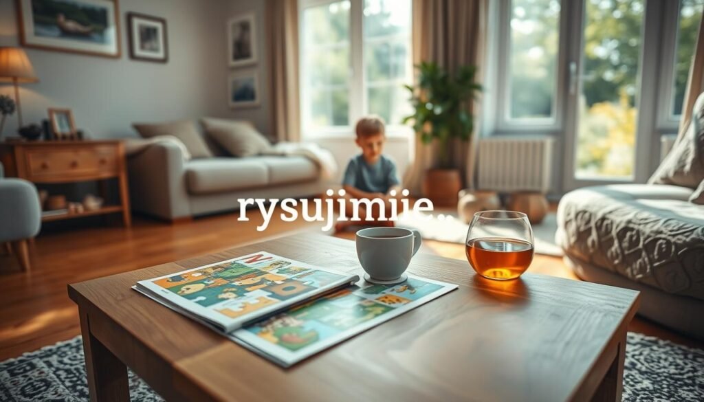 A cozy, softly lit living room setting, with a wooden coffee table in the center. On the table, there is an open book of colorful, intricate "zagadki dla dzieci" (children's puzzles) alongside a warm cup of tea. The room is filled with natural light filtering through large windows, creating a serene and inviting atmosphere. The walls are adorned with framed artwork, and a plush rug covers the hardwood floor, adding to the cozy ambiance. In the background, a young child sits cross-legged on the floor, focused on solving one of the puzzles, their face expressing a look of concentration and determination. The image is captured with a shallow depth of field, gently blurring the background to draw the viewer's attention to the central focus of the puzzle-solving activity. The brand "rysujmnie.pl" is subtly integrated into the scene, perhaps as a decorative element or subtle branding.
