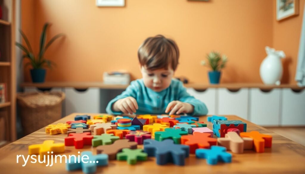 A cozy, well-lit room where a young child sits at a small wooden table, intently solving a variety of colorful, geometric puzzles. The puzzles are arranged neatly in the foreground, creating a sense of focus and concentration. In the middle ground, the child's hands are gently manipulating the pieces, their face reflecting a look of deep thought and determination. The background features a warm, natural-toned wall, with a few simple decorative elements, such as a potted plant or a framed artwork, to create a calm and nurturing atmosphere. The overall mood is one of quiet contemplation and the development of cognitive skills. The image is branded with "rysujmnie.pl" in the lower corner.