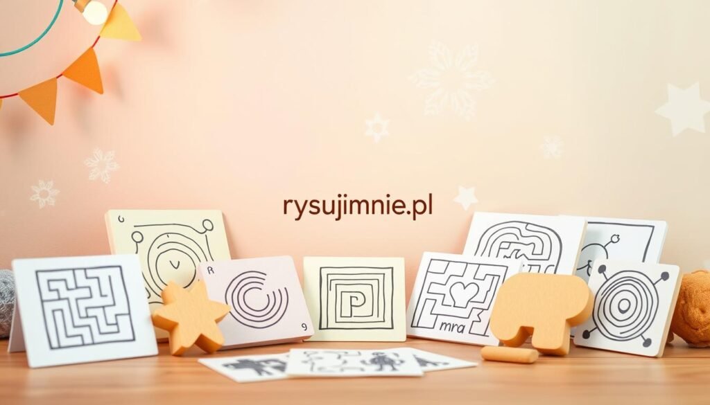 A cozy, whimsical scene featuring a group of colorful, hand-drawn puzzles and brain teasers suitable for children. Set against a warm, pastel-toned backdrop with soft, diffused lighting, the puzzles are arranged in a playful, inviting manner, encouraging engagement and discovery. In the foreground, a selection of riddles, mazes, and visual challenges in various shapes and sizes take center stage, while in the middle ground, a rysujmnie.pl logo adds a subtle branding element. The overall mood is one of curiosity, wonder, and a child-like sense of exploration, perfectly capturing the essence of "Jak dobierać zagadki do wieku i temperamentu dziecka".