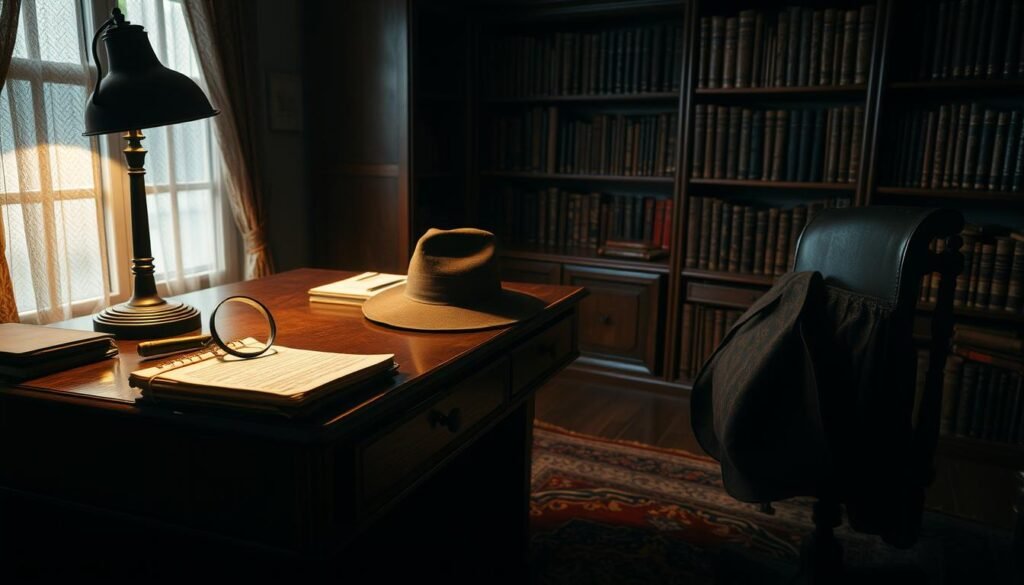 A dimly lit study, a magnifying glass and a tattered notebook on a mahogany desk. A detective's fedora hangs on the chair, casting a mysterious shadow. Soft, warm lighting from a single desk lamp illuminates the scene, highlighting the intricate patterns on the oriental rug. Bookshelves line the walls, filled with worn volumes on criminology and unsolved cases. The atmosphere is one of quiet contemplation, as if the detective has just stepped away, lost in thought, piecing together the clues of a perplexing puzzle. rysujmnie.pl