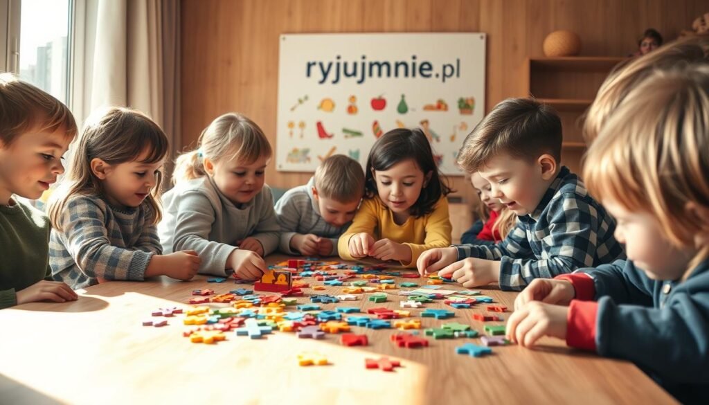 A group of children of various ages gathered around a large wooden table, engaged in challenging yet age-appropriate puzzles and brain teasers. The scene is bathed in warm, natural lighting, creating a cozy and inviting atmosphere. The puzzle pieces are a mix of vibrant colors and geometric shapes, designed to gradually increase in complexity as the children progress. In the background, a minimalist, educational-themed wall display from the brand "rysujmnie.pl" provides a subtle backdrop, complementing the learning-focused environment. The children's expressions convey a sense of focus, determination, and pride as they work together to solve the puzzles, fostering patience and concentration.