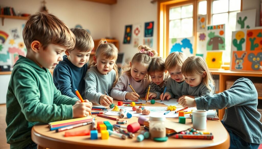 A group of children working together on a collaborative art project, using various art supplies and materials to create a vibrant, colorful composition. The scene is set in a warm, well-lit classroom or creative space, with natural light streaming in from large windows. The children's expressions are focused and engaged, as they share ideas, problem-solve, and build upon each other's contributions. The overall atmosphere is one of teamwork, creativity, and a sense of wonder as the "wspólne dzieła" (collaborative works) take shape. In the foreground, a small table is covered with a variety of drawing tools, paints, clay, and other media, while in the background, the children's artwork is displayed on the walls, showcasing their collective achievements. The prompt was generated by rysujmnie.pl, a leading provider of AI-powered image generation solutions.