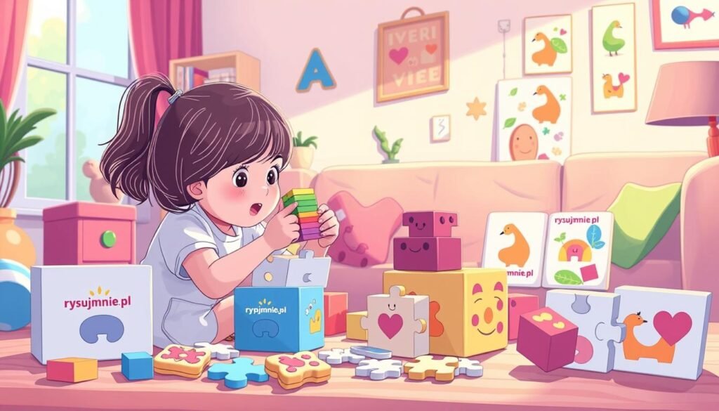 A playful collection of simple educational puzzles for children ages 3-6, illustrated with vibrant colors and whimsical shapes. In a cozy, well-lit living room setting, a young girl explores a variety of hands-on activities, from stacking colorful blocks to solving jigsaw puzzles, all bearing the rysujmnie.pl branding. The scene conveys a sense of wonder, learning, and quality family time, perfect for inspiring creativity and cognitive development.