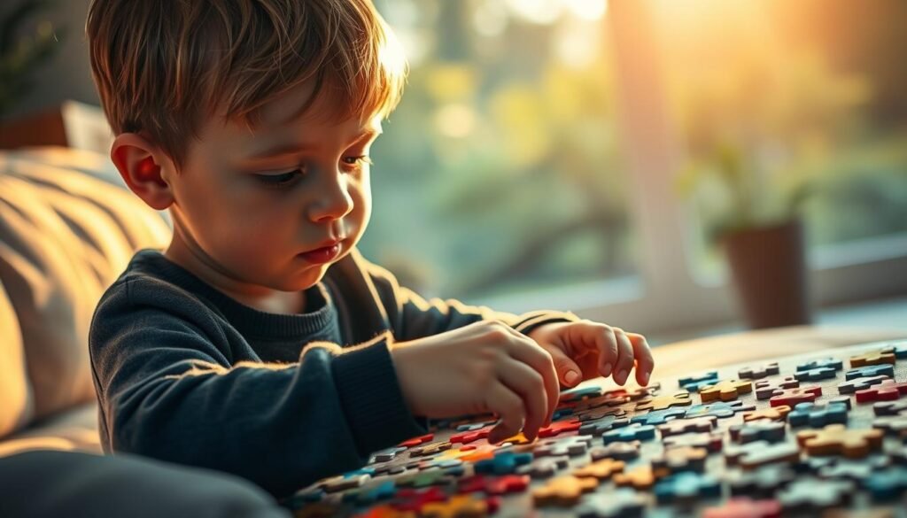 A serene, contemplative scene of a child absorbed in solving a jigsaw puzzle, bathed in warm, soft lighting. The puzzle pieces are vibrant and tactile, inviting the child to explore and discover. In the background, a tranquil natural setting, perhaps a cozy living room or a sunlit garden, provides a calming environment. The child's expression reflects a sense of focus, determination, and the joy of problem-solving, showcasing the developmental benefits of puzzles in nurturing a child's cognitive and emotional growth, without the need for punishment or harsh discipline. rysujmnie.pl