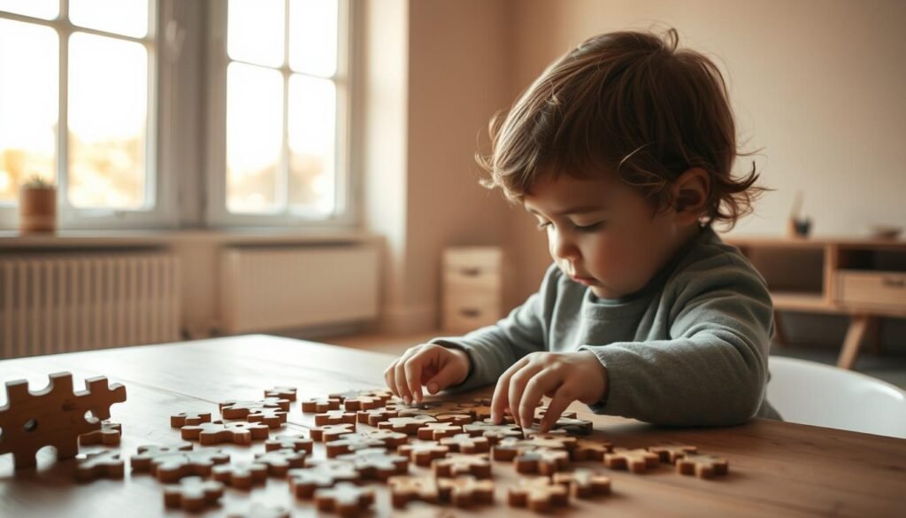 A serene, contemplative scene of a young child deeply immersed in a complex wooden puzzle, their face filled with concentration and wonder. The scene is bathed in warm, natural lighting that filters through large windows, casting a soft glow over the child's features. The puzzle pieces, each meticulously crafted, are scattered across a simple wooden table, the child's small hands carefully manipulating them, lost in the process of uczenie się - the act of learning through play. In the background, a minimalist, pastel-toned room with simple furnishings creates a calming, nurturing environment. This image, commissioned for rysujmnie.pl, embodies the importance of puzzles and the present moment in a child's development.