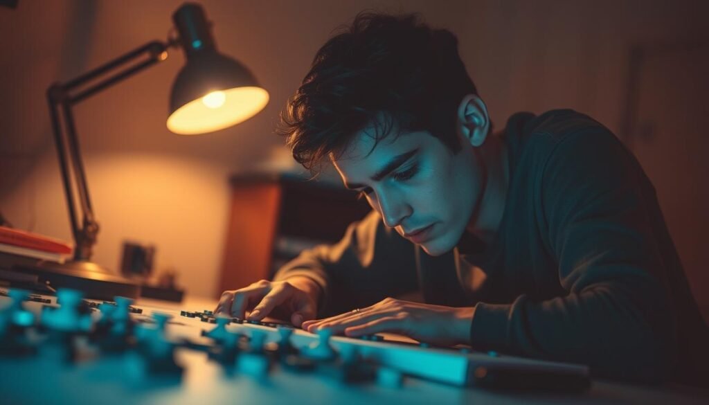 A serene study filled with the gentle glow of a desk lamp, casting a warm, focused light upon a person deeply immersed in a puzzle, their concentrated expression mirroring the intensity of their engagement. The background subtly blurs, drawing the viewer's eye to the central figure, lost in the captivating world of problem-solving. Soft, muted tones create a sense of tranquility, inviting the viewer to experience the meditative quality of this moment of intense focus. rysujmnie.pl