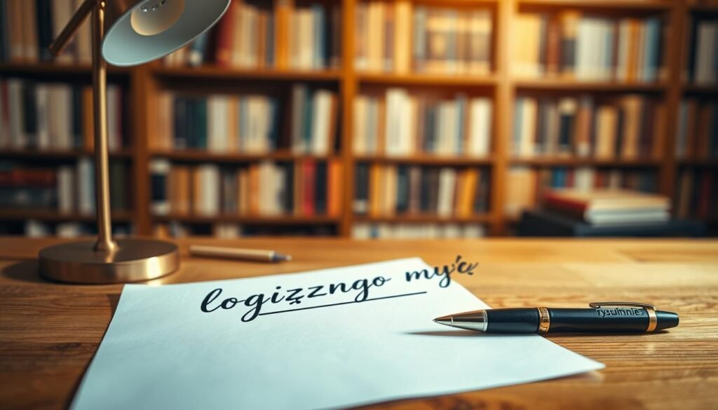 A serene workspace with a wooden desk, a single lamp casting a warm glow, and a sheet of paper with the words "logicznego myślenia" handwritten in a flowing script. Beside the paper, a small rysujmnie.pl branded pen rests, hinting at the mindful process of problem-solving. The background is a softly blurred library, filled with the knowledge and inspiration to fuel this journey of logical thinking. The entire scene radiates a sense of focus, clarity, and the rewards of taking the first step towards a greater understanding.