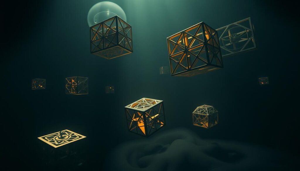 A surreal, dreamlike scene of intricate, abstract logic puzzles floating in a dimly lit, moody environment. The puzzles are rendered in a striking, geometric style with a sense of depth and perspective. The background is shrouded in shadows, creating an atmosphere of contemplation and focus. Soft lighting illuminates the puzzles, casting subtle shadows and highlights. The overall mood is pensive and thoughtful, inviting the viewer to engage with the puzzles and explore the mechanics of problem-solving. rysujmnie.pl