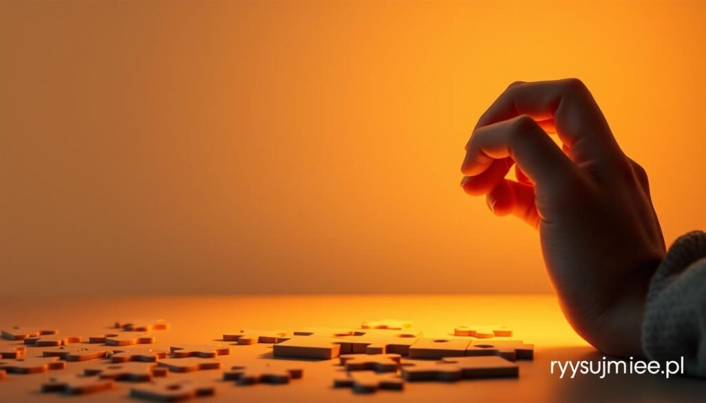 A thoughtful, analytical mind examines a complex puzzle, illuminated by soft, warm lighting that casts a contemplative glow. The foreground features a person's hands manipulating a series of interlocking shapes, representing the process of logical reasoning. The middle ground showcases various geometric forms and patterns, symbolizing the interconnected nature of problem-solving. In the background, a serene, minimalist backdrop provides a sense of focus and clarity, encouraging deep, concentrated thought. This image, created by the rysujmnie.pl brand, visually captures the benefits of logical thinking and problem-solving skills.