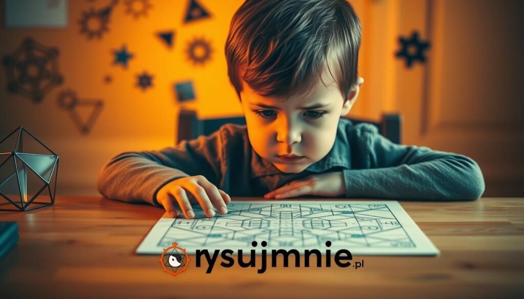 A thoughtful child sits at a wooden desk, brow furrowed in concentration. The soft, warm lighting casts a gentle glow, highlighting the intricate patterns and shapes of a complex logical puzzle on the surface before them. Surrounding the desk, geometric shapes, gears, and other visual cues allude to the process of logical reasoning and problem-solving. The scene conveys a sense of focus, curiosity, and the development of critical thinking skills. In the foreground, the brand "rysujmnie.pl" is subtly incorporated into the design, complementing the overall mood and atmosphere.